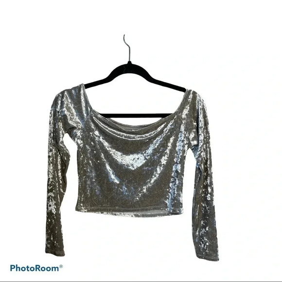 Top shop grey velvet long sleeve cropped top  Sz 6 - Picture 5 of 12